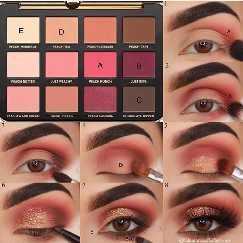 #stepbystep pictorial using @toofaced Just Peachy mattes palette 🍑 . . Products Use Huda Beauty Rose Gold Palette, Matte Make Up, Eye Makeup Glitter, Matte Eye Makeup, Huda Beauty Eyeshadow, Huda Beauty Rose Gold, Eyeshadow Tutorial For Beginners, Make Up Gold, Gold Eye Makeup