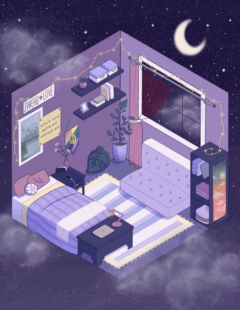 Isometric Room Illustration Aesthetic, Bedroom Drawing Illustrations, Bedroom Drawing Aesthetic, Isometric Room Drawing, Isometric Art Room, Room Drawing Reference, Isometric Art Illustration, Anime Room Design, Room Art Drawing