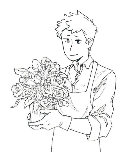 Holding A Flower Pose Drawing, Holding Flowers Pose Reference Drawing, Person With Flowers Drawing, Florist Drawing Reference, Florist Pose Reference, Person Holding Flowers Drawing, Florist Character Design, Florist Drawing, Guy Holding Flowers