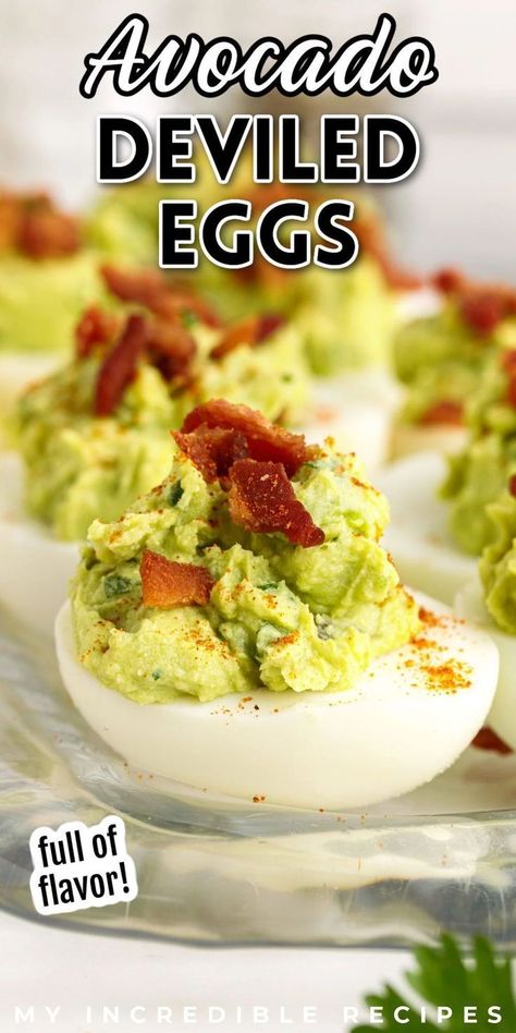 These avocado deviled eggs are so simple to make and taste amazing. These deviled eggs mix your traditional appetizer with avocado flavor and crunchy bacon for the perfect unique snack to bring to potlucks, parties, or as an appetizer for Easter dinner. These deviled eggs only require a few ingredients and can be whipped up quickly for an easy appetizer that everyone will enjoy. Try them today! Avocado Deviled Eggs Recipe, Avocado Egg Recipes, Spicy Deviled Eggs, Devilled Eggs Recipe Best, Avocado Deviled Eggs, Unique Snacks, Easy Veggie, Deviled Eggs Recipe, Incredible Recipes