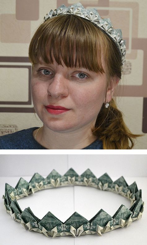 The money crown is a beautiful modular origami and a great idea for graduation! We need about 18 dollar bills (amount of bills depends on your head), paper clips. The idea and design by Anastasia Prokuda. I wish you a pleasant viewing! Subscribe to my channel! Dollar Bill Crown, Money Crowns Graduation, How To Make A Money Crown, Money Crafts Dollar Bills, Money Crown Diy How To Make, Money Crown Graduation, Graduation Necklace Ideas, Origami Dollars, Money Crowns