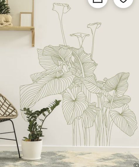 Wall Line Art Mural, Spa Mural, Wall Mural Plants, Simple Botanical Wall Mural, Floral Line Art Wall Mural, Monstera Plant Mural, Wildflower Mural, Art Haus, Bathroom Mural