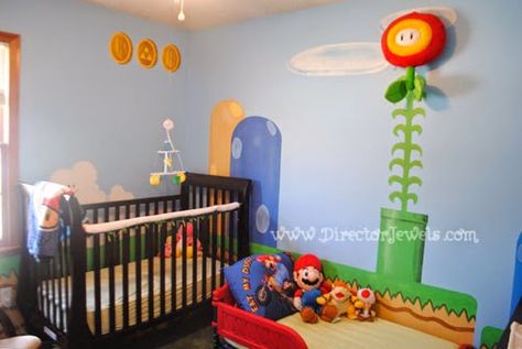 Mario Nursery Inspiration at directorjewels.com Super Mario Bros, Nintendo Theme DIY Decor and Ideas Nintendo Nursery, Super Mario Nursery, Mario House, Mario Nursery, Mario Bros Room, Mario Bedroom, Mario Room, Super Mario Bros Nintendo, Girls Room Colors