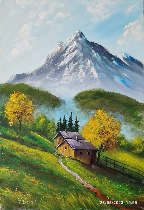 Cottage Scenery, Watercolor Scenery Painting, Oil Colored, Village Scene Drawing, Night Paintings, Mountain Scape, 3d Paintings, Easy Landscape, Easy Landscape Paintings