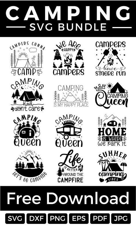 The bundle features 12 unique designs which are perfect for Camping. #camping #nature #travel #adventure #hiking #outdoors #x #campinglife #outdoor #camp #explore #camper #mountains #vanlife #photography #offroad #trekking #roadtrip #bushcraft #naturephotography #campervan #wanderlust #glamping #travelphotography #fishing #survival #love #summer #campfire #forest #campingbundle #campers #svgbundle #free #freebundle #cricut #silhouette #tshirtdesign #tshirt #svgcutfiles #digitaldownload Rv Cricut Ideas, Camp Tshirt Design Ideas, Camping Cricut Ideas, Camping Cricut Projects, Free Camping Svg Files For Cricut, Camping Svg Files Free, Camping Tumbler Ideas, Camper Sayings, Camping Tshirt Ideas