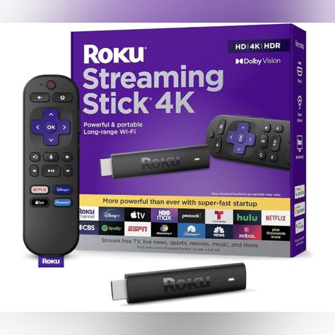 Roku Streaming Stick 4k. Features: Hides Behind Your Tv: The All-New Design Plugs Right Into Your Tv With A Simple Setup Super-Fast Startup: Start Streaming Channels Like Disney+, Prime Video, Hbo Max, Apple Tv+, Netflix, Sling, And Hulu In A Snapjust Turn On Your Tv Long-Range Wi-Fi: Enjoy Fast, Smooth Tv Streaming In Any Room With A Strong Wi-Fi Connection, Now Up To 2x Faster No More Juggling Remotes: Power Up Your Tv, Adjust The Volume, And Control Your Roku Streaming Stick With The Roku Rem House Gathering, Roku Streaming Stick, 4k Hdr, Sky News, Amazon Must Haves, Streaming Tv, Repair Shop, Fire Tv, Usb Stick