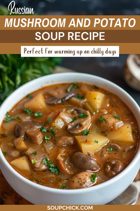 Easy-to-make and flavorful Russian Mushroom Potato Soup Recipe Russian Potato Soup, Sweet Potato Mushroom Soup, Mushroom And Potato Recipes, Mushroom Soup Recipes Healthy, Mushroom Potato Soup, Cottage Cooking, Mushroom Potato, Mushroom Soup Recipes, Stewed Potatoes