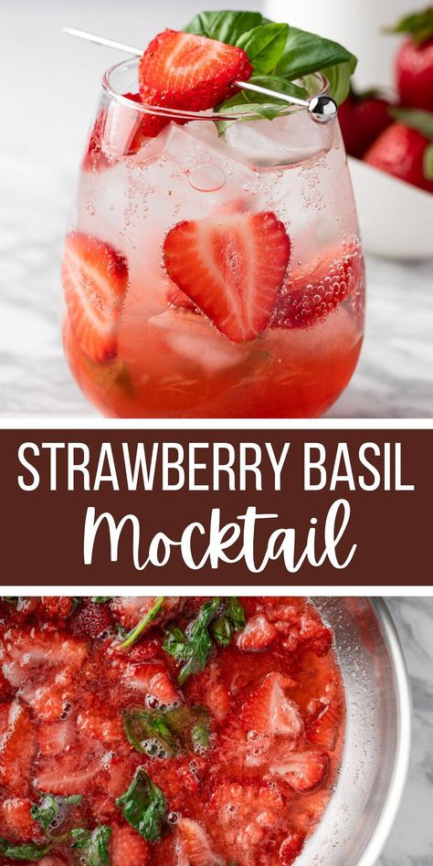 Strawberry Basil Mimosa, Strawberry Lemon Mocktail, Strawberry Basil Drink, Strawberry Basil Recipes, Fruity Mocktail Recipes, Strawberry Mint Mocktail, Basil Drinks Nonalcoholic, Strawberry Basil Mocktail, Strawberry Syrup Cocktails