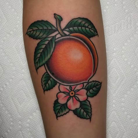 Peach tattoo by Tony Talbert #TonyTalbert #tonytrustworthy #peachtattoos #color #traditional #peach #food #fruit #flower #blossom #floral #nature #leaves | Jun 7th 2018 | 559876 Peach Food, Peach Tattoo, Fruit Tattoo, Food Tattoos, Nature Leaves, Blossom Tattoo, Food Fruit, Baby Tattoos, Tattoo Flash Art