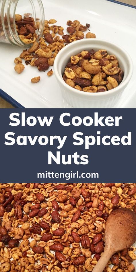 This delicious, savory snack swaps the cinnamon and sugar for garlic and rosemary. These savory spiced nuts roast in your slow cooker and make a great homemade gift for your favorite snack lover. #slowcooker #holiday #spicednuts #snacks Crockpot Nuts Recipes, Savory Nuts Recipe, Snack Swaps, Roasted Nuts Recipe, Spiced Nuts Recipe, Seasoned Nuts, Spicy Nuts, Spiced Pecans, Nut Recipes