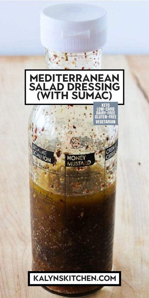 Pinterest image of Mediterranean Salad Dressing shown in jar. Sumac Dressing Salad Recipes, Sumac Salad Dressing, Mediterranean Salad Dressing Recipes, Sumac Dressing, Mediterranean Salad Dressing, Sumac Recipes, Low Carb Dressing, Lebanese Salad, Arugula Salad Recipes