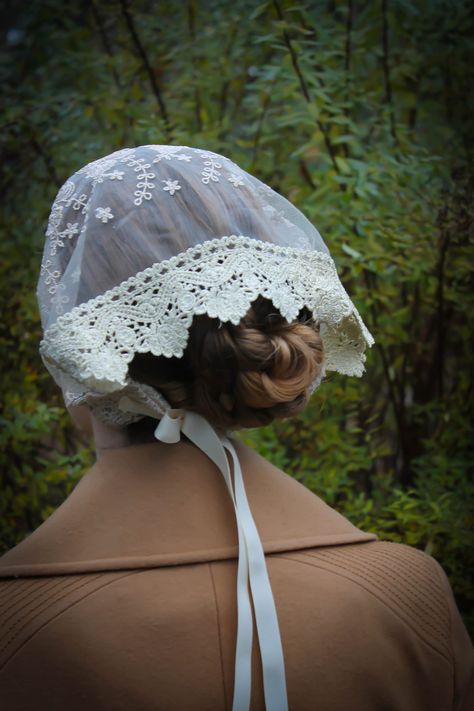 Victorian Trim, Christian Veils, Head Kerchief, Lace Headwrap, Christian Head Covering, Rose Gold Lace, Crown Aesthetic, Head Wrap Styles, Dress History