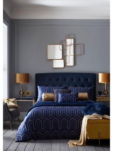 Blue And Gold Bedroom, Tess Daly, Navy Bedrooms, Blue Bedroom Decor, Satin Bedding, Gold Bedroom, Blue Bedroom, Gold Embroidery, Art Deco Inspired