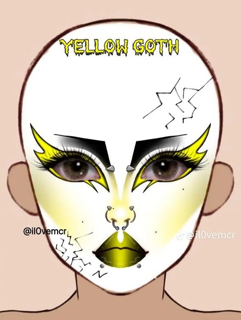 Goth Makeup Inspo Drawing, Orange Goth Makeup, Yellow Goth Makeup, Goth Drag Makeup, Big Goth Makeup, Goth Makeup Looks, Cute Clown Makeup, Anime Eye Makeup, Funky Makeup