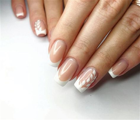 Wedding Nails Are Ringing: See Nail Techs' Bridal Nails - Style - NAILS Magazine Bridal Nails Leaves, 2023 Bride Nails, Wedding Nails Rustic, Short Coffin Wedding Nails, Wedding Guest Nails Square, Wedding Nails Inspo For Bride, Leaf Wedding Nails, Whimsical Wedding Nails, Wedding Nails For Bride Classy Bridal French