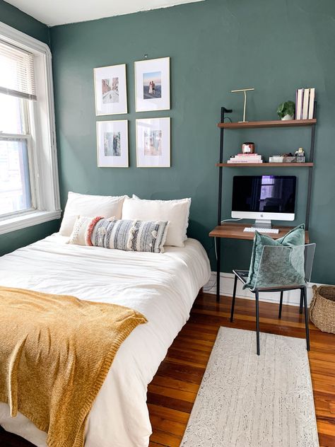 Sage Bedroom, Bedroom Big, Boston Apartment, Loft Bedroom, Best Paint, Small Space Design, Apartment Tour, Green Bedroom, Bold Wallpaper