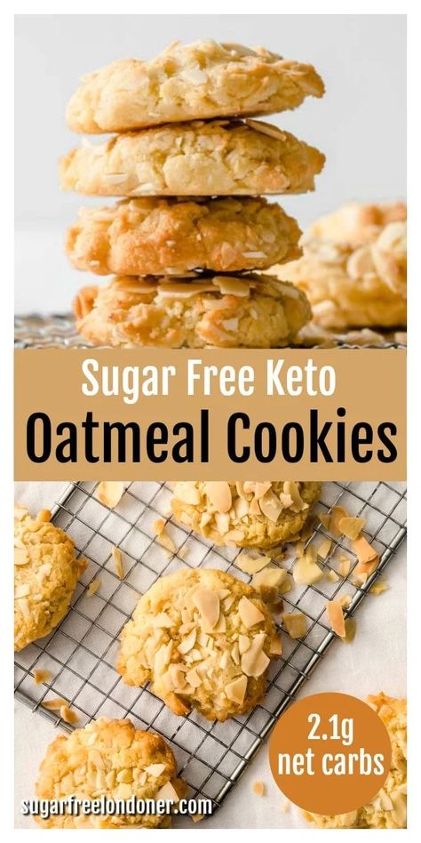 Keto Oatmeal Cookies, Sugar Free Oatmeal Cookies, Keto Butter Cookies, Sugar Free Oatmeal, Galletas Keto, Keto Oatmeal, Postre Keto, Baking With Almond Flour, Sugar Free Cookies