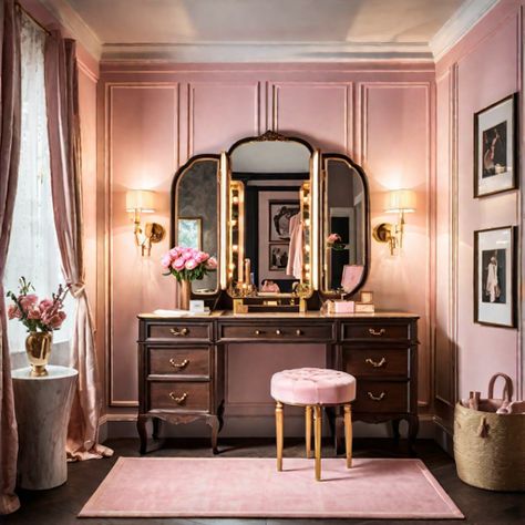 See what I created with Hotpot.ai: A dressing room with a vanity, cottage style, pink and gold tones with dark wood, gallery wall Pink And Gold Dressing Room, Dusky Pink Dressing Room, Victorian Bedroom Pink, Pink And Black Victorian Bedroom, Pink Dressing Room, Wood Gallery Wall, Pink Baroque Bedroom, Vintage Vanity Pink, Post Apocalyptic City