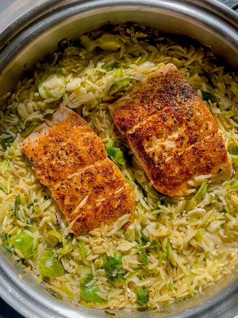 Salmon & Creamy Brussel Sprout Orzo — All Types Of Bowls Brussel Sprout And Salmon Recipes, Brussel Sprout Orzo Recipes, Brussel Sprout Orzo, Salmon Orzo Bowl, Brussel Sprouts And Salmon, Orzo Brussel Sprouts, Salmon With Brussel Sprouts, Salmon Brussel Sprouts, Salmon And Brussel Sprouts