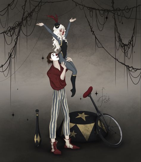 Clown Couple Drawing, Fantasy Circus Art, Circus Fantasy Art, Circus Poses Reference, Jester Poses, Circus Oc Art, Circus Couple, Circus Character Design, Circus Poses