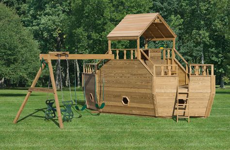 amish wooden swing sets | Pressure Treated Outdoor Playground Swingsets • Ship • Firetruck ... Pirate Ship Playhouse, Kids Playhouse Plans, Swing Set Plans, Kids Playhouse Outdoors, Backyard Playset, Kids Backyard Playground, Playground Slide, Playhouse Plans, Backyard Playhouse