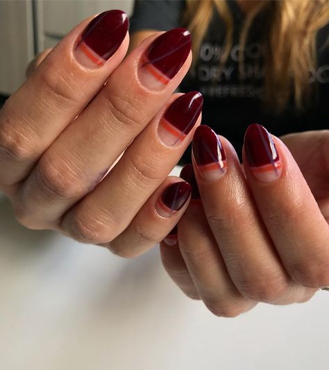 Burgundy orange negative space color block striped Fall mani (@nailsbycally) Orange Burgundy Nails, Orange And Burgundy Nails, Burgundy And Orange Nails, Fall Blocks, Color Block Nails, Burgundy Nails, Orange Nails, Negative Space, Color Block