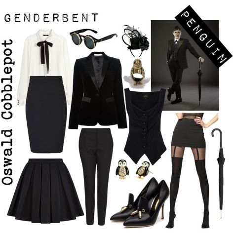 Genderbent Penguin Oswald Cobblepot by twoheartedravenclaw on Polyvore featuring Mode, H&M, Vivienne Westwood Anglomania, Givenchy, Balmain, ONLY, MANGO, Rupert Sanderson, Alexander McQueen and Juicy Couture Penguin Inspired Outfit, Batman Penguin Costume, Penguin Costume Batman, Villains Cosplay, Penguin Dc, Batman Penguin, Penguin Gotham, Batman Halloween, Dc Costumes