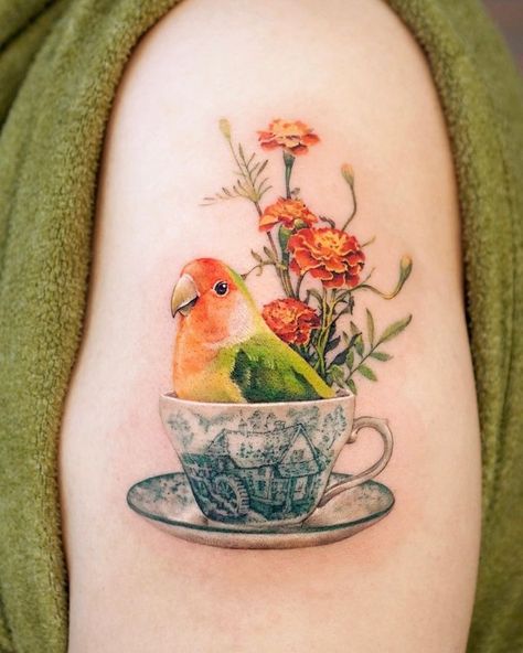 bird tattoo design • Instagram Hoopoe Bird Tattoo, Pet Bird Tattoo, Amazon Parrot Tattoo, Green Cheek Conure Tattoo, Fat Bird Tattoo, Bird Sleeve Tattoo Women, Conure Tattoo, Birds And Flowers Tattoo, Parrot Tattoo Design