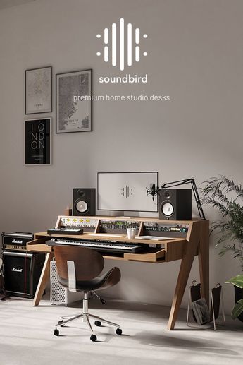 Recording Desk Setup, Audio Recording Studio Design, Producer Desk Setup, Musician Living Room Interior Design, Music Studio Desk Design, Home Studio Setup Music Bedroom, Music Studio In Bedroom, Music Office Decor, Music Desk Setup