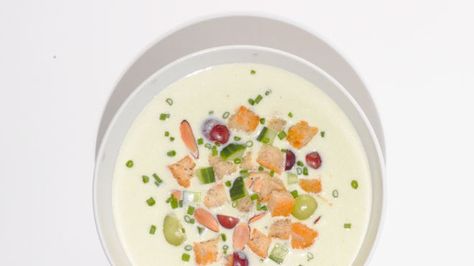 White Gazpacho "Ajo Blanco" Recipe | Bon Appetit Cantaloupe Gazpacho, White Gazpacho, Tomato Gazpacho, Cold Soups, Moroccan Carrots, Gazpacho Soup, Fruit Soup, Gazpacho Recipe, Chilled Soup