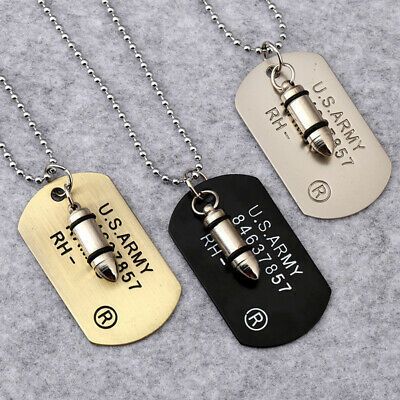 /- Men Military Army Bullet Charm Dog Tags SINGLE EMBOSSED... Embossed Jewelry, Hip Hop Chains, Mens Necklace Pendant, Dog Tag Pendant, Unique Pendant Necklace, Gold Chains For Men, Military Army, Gold Chain Jewelry, Mens Pendant