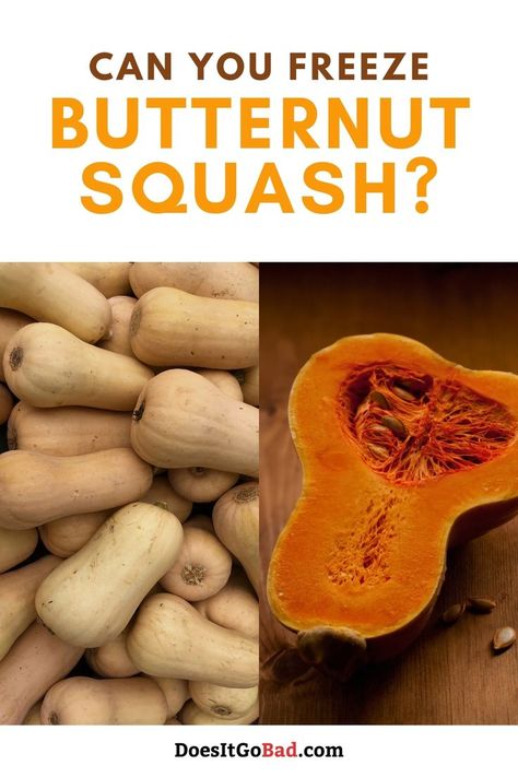 Two-part image: the left displays a pile of butternut squash, while the right shows a sliced butternut squash with seeds on a wooden table. How To Freeze Butternut Squash Cubes, Freezing Winter Squash, Can You Freeze Butternut Squash, Freezing Butternut Squash Cubes, Freeze Squash How To, How To Freeze Butternut Squash, Freeze Butternut Squash, Freezing Butternut Squash, Freeze Squash