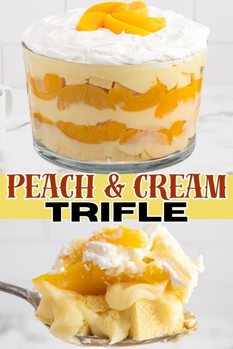 Peaches & Cream Trifle Peach Angel Food Cake Dessert, Angel Food Trifle, Peach Trifle, Peaches And Cream Dessert, Trifle Bowl Recipes, Trifle Dessert Recipes, Princess Pinky Girl, Trifle Recipes, Recipes By Ingredients