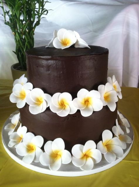 Frangipani Cake - Chocolate cake with plumeria/frangipani gum paste flowers Frangipani Cake Birthday, Frangipani Cake, Edible Gum, Island Cake, 80 Birthday Cake, 50th Wedding Anniversary Party, Cake Decorating Icing, Gumpaste Flowers, Gum Paste Flowers