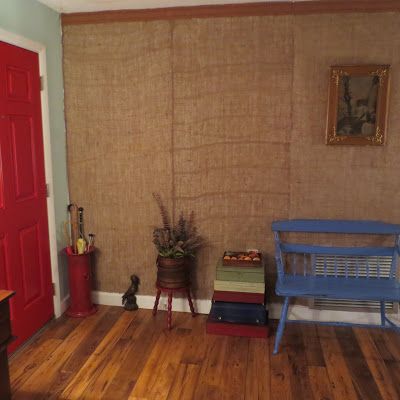 Red Shed Vintage: Talkin' Trash Tuesday Tutorial: A Temporary Wall of Burlap Covering Wood Paneling Ideas, Covering Wood Paneling, Burlap Wall Covering, Wood Paneling Ideas, Burlap Wallpaper, Paneling Walls, Burlap Wall Decor, Paneling Ideas, Red Shed