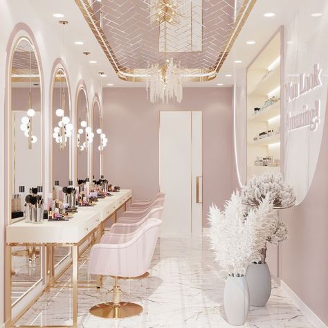 Beauty Salon Decor Luxury Glam, Beauty Room Interior Design, Make Up Salon Interior Design, Make Up Salon Design, Makeup Salon Interior Design, Salon Aesthetic Beauty, Luxury Nail Salon Interior Design, Aesthetic Salon Interior Design, Makeup Studio Ideas Beauty Room