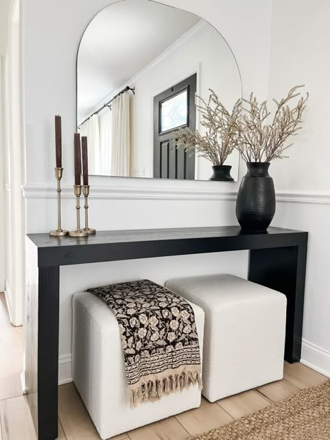 Sofa Table Behind Couch Entryway, Console With Stools Underneath, Console Table With Nesting Stools, Console Table With Puffs, Console Table Next To Stairs, Leather Couch With Console Table, Entry Table Contemporary, Modern Entryway With Mirror, Stool Under Console Table