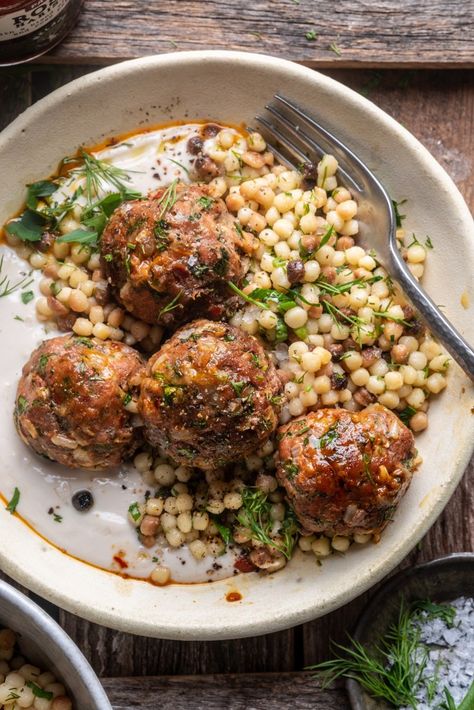 Healthy Gourmet Dinner Recipes, Harissa Meatballs, Wandering Chickpea, Arabian Cuisine, Autumnal Recipes, Herb Couscous, Meatless Protein, Moroccan Meatballs, Couscous Recipe