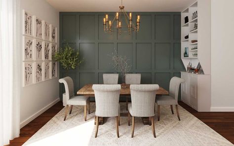 Green Dining Room Walls, Dining Room Accent Wall, Modern Farmhouse Dining Room, Dining Room Accents, Green Dining Room, Room Accent Wall, Sage Green Bedroom, Modern Farmhouse Dining, Dinner Room