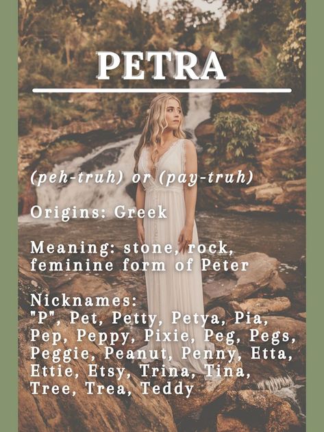 What name would you like to see next? Leave it in the comments! Petra Name, Name Ideas Last Name, Last Name Ideas, Trisha Elric, Alphabet List, Names With Nicknames, Greek Meaning, Name Aesthetic, Theme List