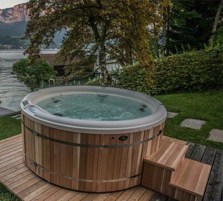 Nordic Round Hot Tubs (Therapeutic) | Master Spas of Wisconsin Backyard Hot Tub, Round Spa, Small Hot Tub, Hot Tub Area, Round Hot Tub, Hot Tub Landscaping, Hot Tub Designs, Cedar Hot Tub, Tub Deck