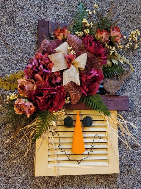 Shutter Pumpkins, Shutter Scarecrow, Fall Decorations, Scarecrow, Shutters, Fall Wreath, Fall Decor, Floral Wreath, I Love