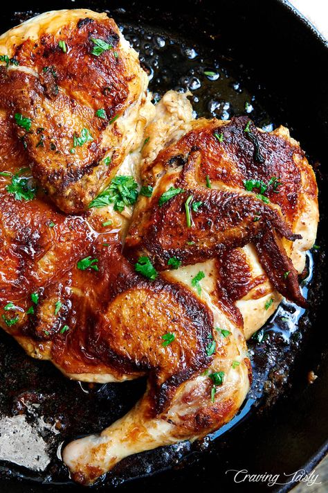 Chicken Tabaka - a famous Georgian chicken recipe where a whole chicken is pan-fried on both sides under weight until golden brown, crispy skin is formed. Serve with rice, vegetables or the traditional tomato and walnut sauce. Georgia Chicken, Georgian Chicken, Craving Tasty, Quail Recipes, Walnut Sauce, Keto Board, Georgian Cuisine, Low Carb Chicken Recipes, Savory Food