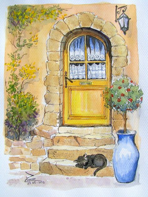 Street Watercolor, Watercolor Houses, Painting On Canvas For Beginners, Canvas Painting For Beginners, Yellow Door, Canvas For Beginners, Watercolor Architecture, Painting For Beginners, Easy Canvas Painting