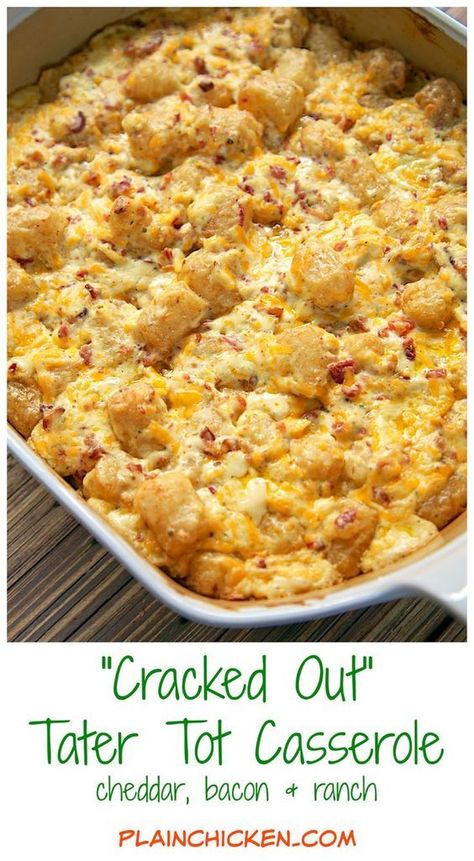 "Cracked Out" Tater Tot Casserole Recipe - easy Cheddar, Bacon and Ranch potato casserole using frozen tater tots. So simple and tastes amazing! The flavor combination is highly addictive!! Can freeze casserole for easy side dish later. Cracked Out Tater Tot Casserole, Side Dishes For Meatloaf, Ranch Potato Casserole, Frozen Tater Tots, Tater Tot Casserole Recipe, Meal Train, Cracked Out, Tater Tot Casserole Recipes, Lasagna Recipes