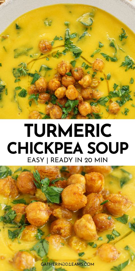 This rich and creamy turmeric chickpea soup is made with a wholesome blend of colorful veggies, chickpeas, and butternut squash. It's the perfect cozy vegetable soup to warm up with on a chilly fall night. Squash Chickpea Soup, Blended Vegetable Soup, Friday Meals, Turmeric Soup, Mediterranean Chickpea, Colorful Veggies, Chickpeas Recipe, Maharashtrian Recipes, Vegetarian Soup Recipes