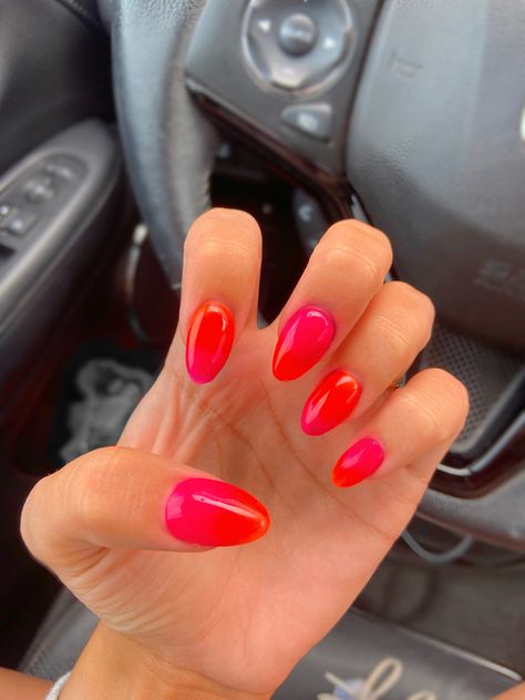 Pink Red And Orange Nails, Pinkish Orange Nails, Pink Orange Nails Summer, Pink Orange Ombre Nails, Pink And Orange Ombre Nails, Bright Almond Nails, Hot Pink And Orange Nails, Orange And Pink Ombre Nails, Summer Nails Pink And Orange