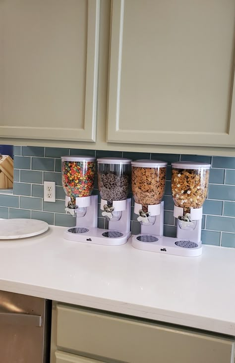 Kitchen Cereal Dispenser, Cereal Dispenser Ideas, Cereal Dispenser In Pantry, Cereal Bar Kitchen, Cereal Dispenser Ideas Kitchens, Pantry Dispenser, Cereal Station At Home, Cereal Organization Storage Ideas, Cereal Organizer