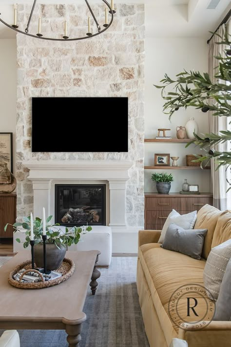 Fireplace With Cutouts On Side, Mantel Over Stone Fireplace, 20ft Fireplace Wall, Neutral Stone Fireplace, European Farmhouse Fireplace, Stone Fireplace With Tv, Bright Airy Kitchen, Tile Fireplaces, Great Room Fireplace