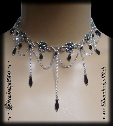 A very noble gothic style choker, which, like all my jewelry, was made with great care and attention to detail. The necklace was made from silver-plated metal ornaments & black faceted glass beads. The chain is adjustable from approx. 35 cm-45 cm, a black drop hangs on the extension chain Diy Goth Jewelry, Gothic Victorian Wedding, Victorian Wedding Jewelry, Black And Silver Jewelry, Victorian Gothic Wedding, Gothic Necklaces, Gothic Jewelry Diy, Victorian Gothic Jewelry, Diy Jewelry Set